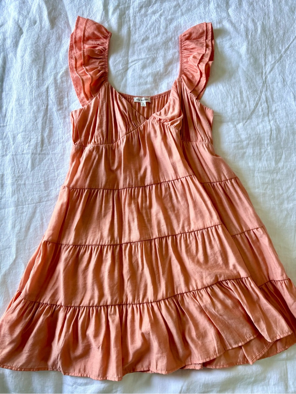 Blu Pepper Coral Tiered Mini Dress Small Ruffle Sleeve Boho Babydoll Rayon - Picture 4 of 12